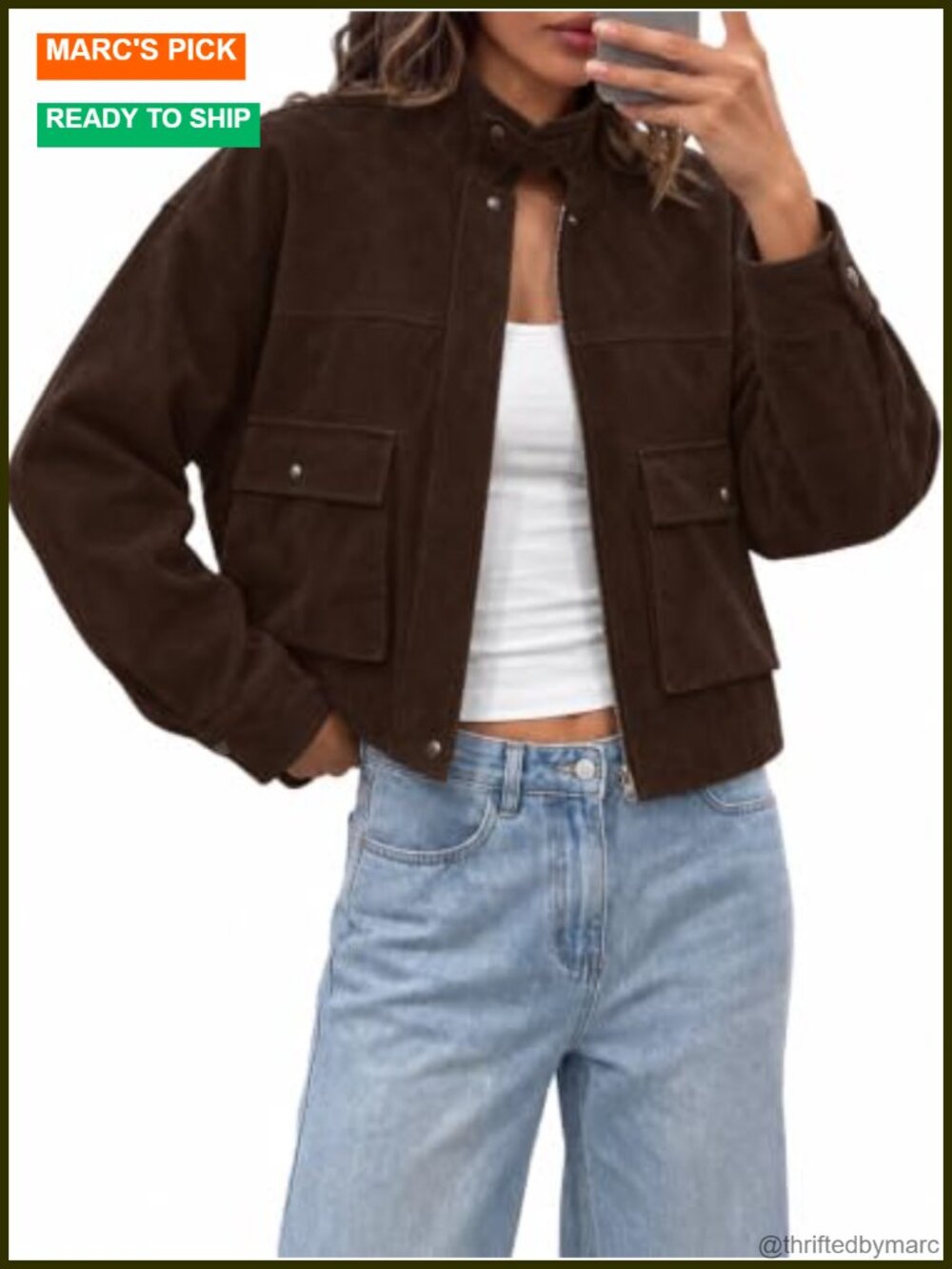 Faux Suede Bomber Jacket Cropped Utility Coat Fall Lightweight